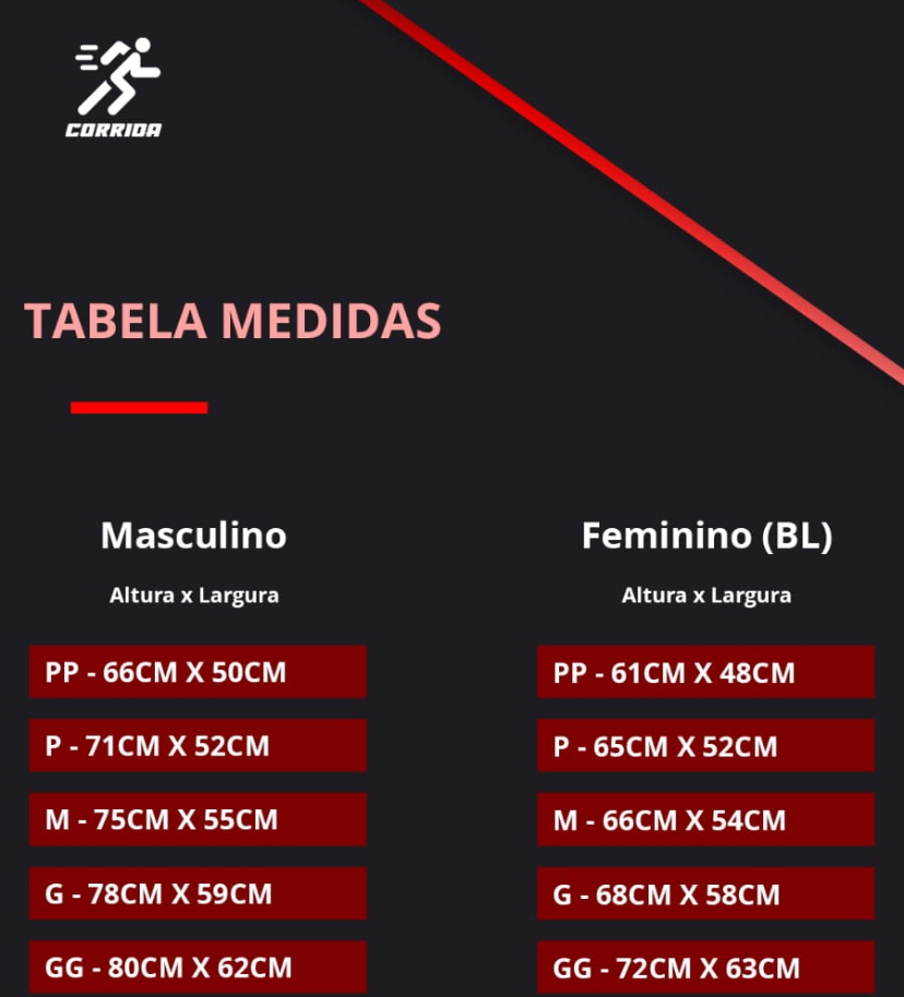 Tabela de medidas das camisas masculina e feminina